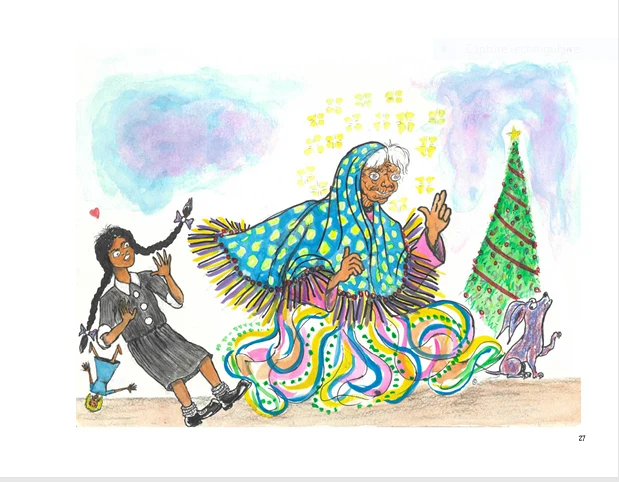 Aunt Cajeta arrives with her swirling turquoise shawl