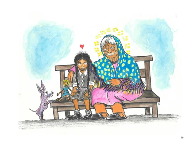 Lupita and Aunt Cajeta sitting peacefully on the bench